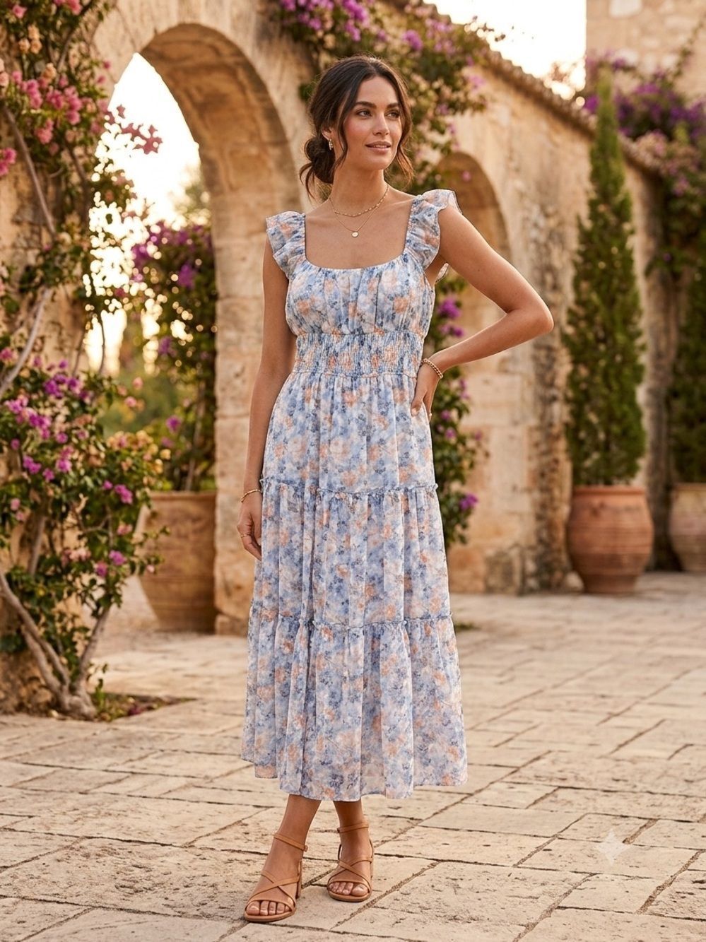 Takeâ50% OFF-Trixxi Light Blue and Peach Floral Tiered Maxi Dress - Size-L
